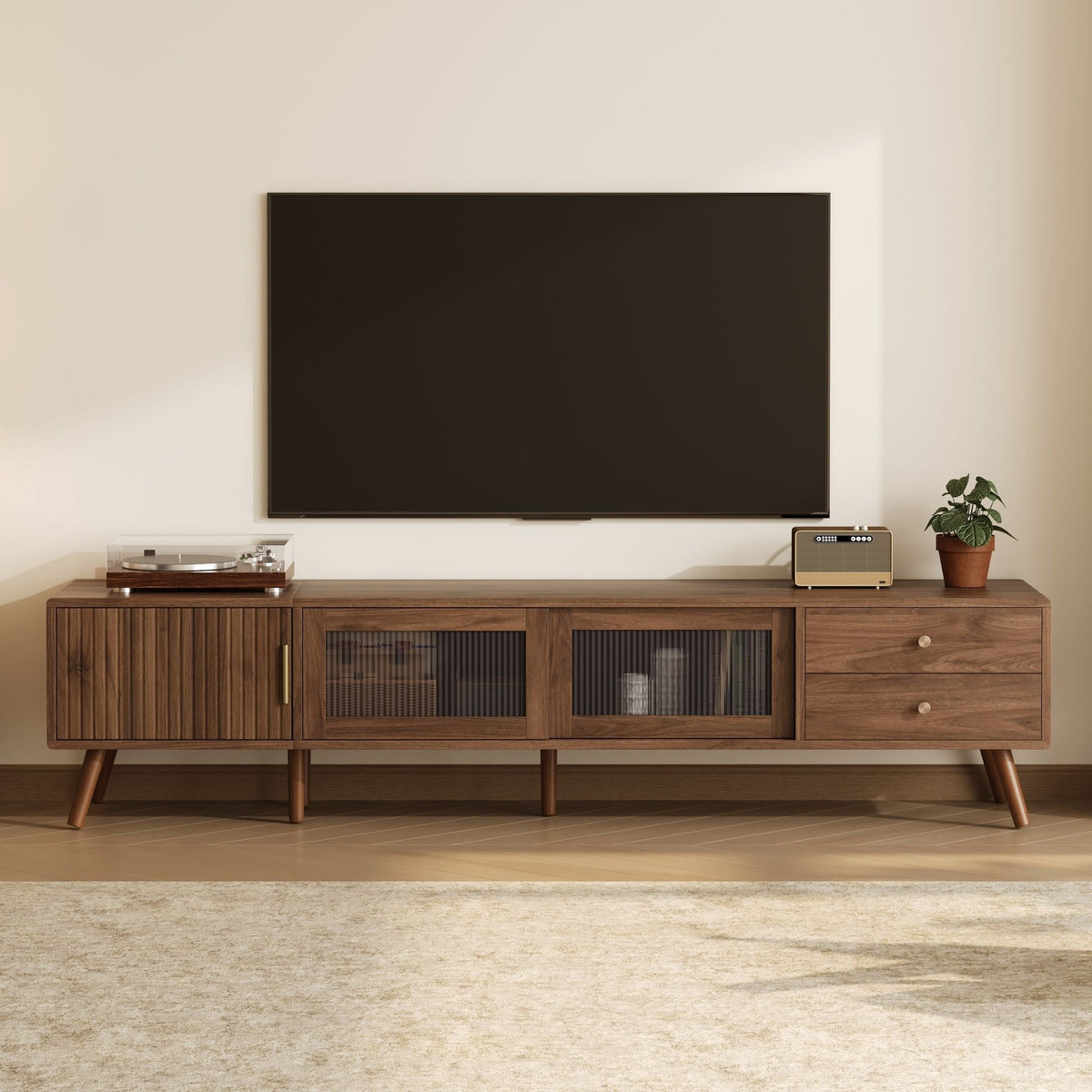 Doors TV Stand For TVs Up To 85", Entertainment Center With Storage Cabinets, TV Media Console Table - Natural