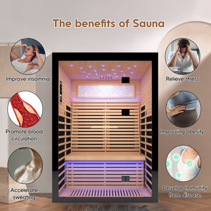 Luxury Double Far Infrared Sauna Room With Epoxy Heating Plates And Starry Sky Lighting - Black / Natural
