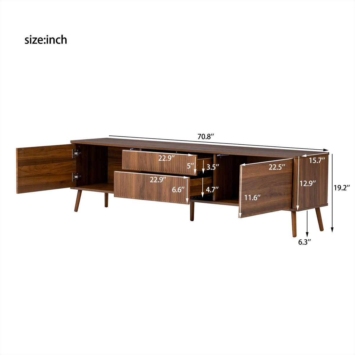 Fluted TV Stand With Storage Drawers And Cabinets For TVs Up To 80", Soft-Close Hinges, Cable Management - Walnut