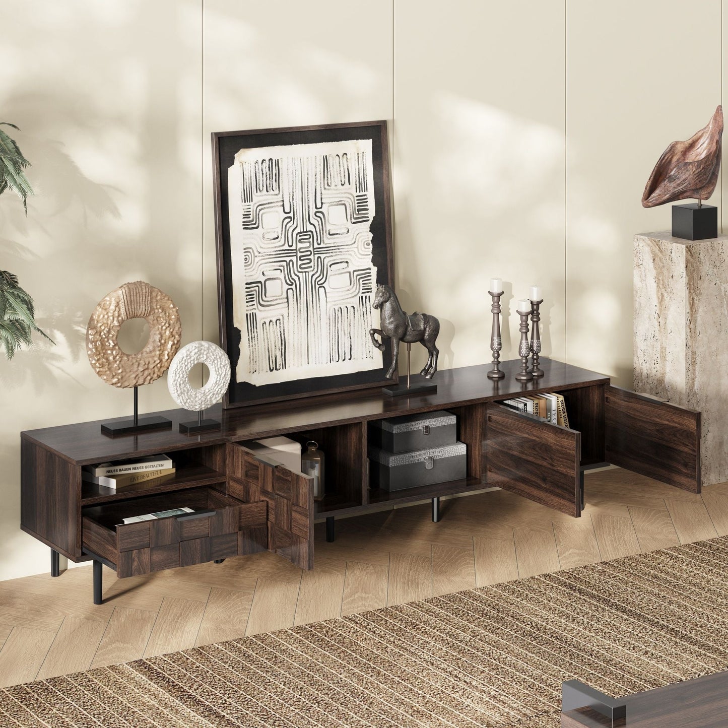 78" TV Stand With Storage Cabinets - Walnut