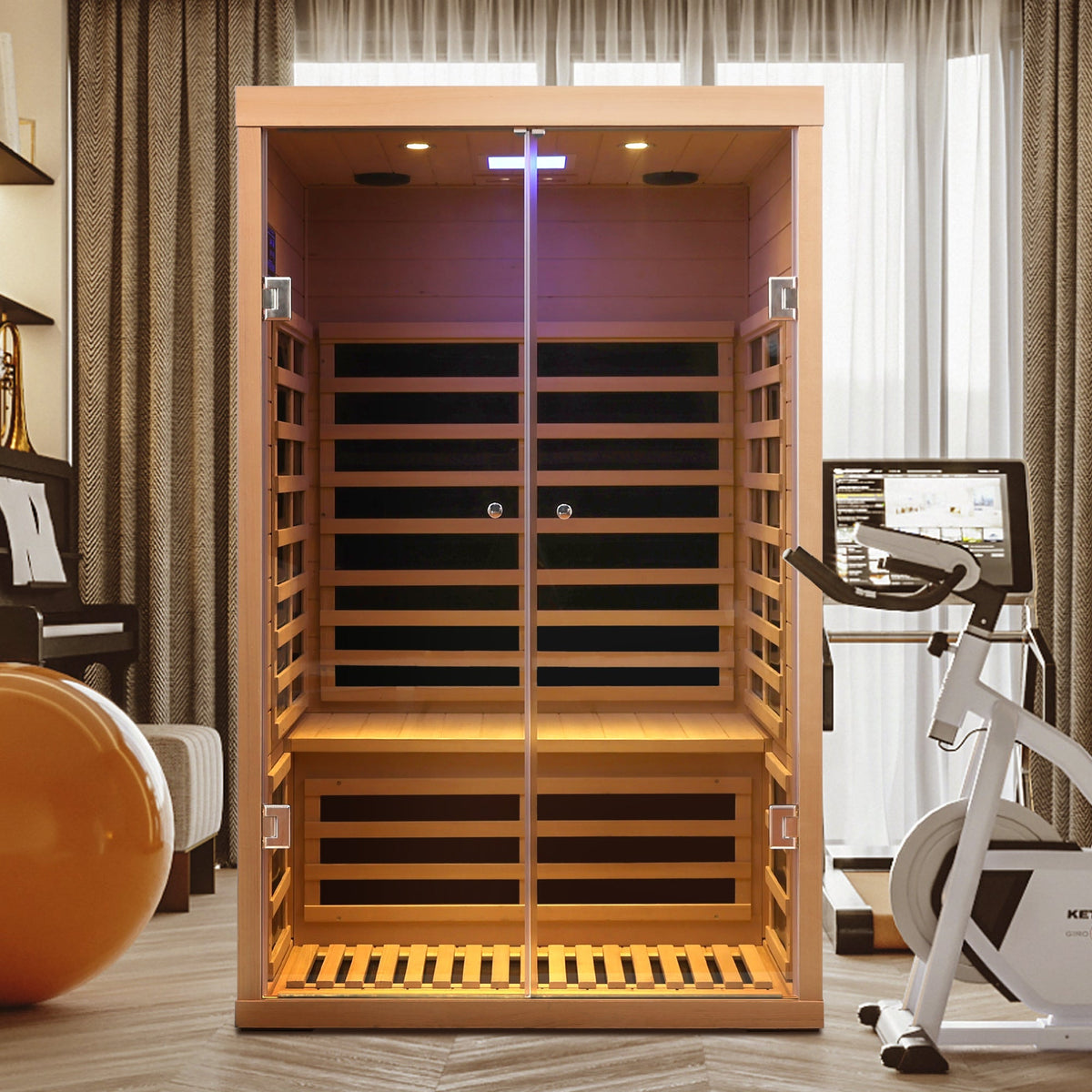 Luxury Indoor Hemlock Infrared Sauna Room with Double Doors and Glass for Two Persons