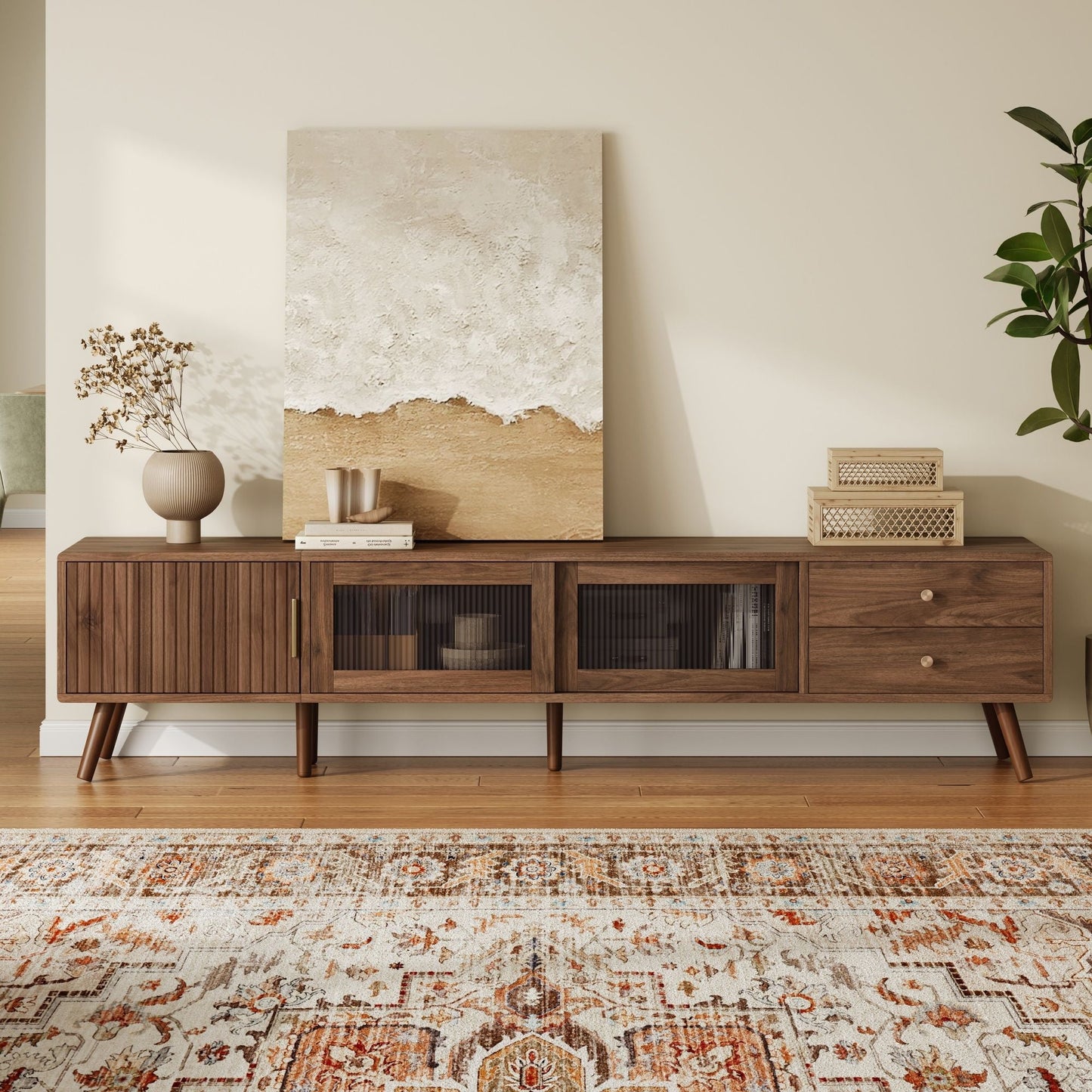 Doors TV Stand For TVs Up To 85", Entertainment Center With Storage Cabinets, TV Media Console Table - Natural