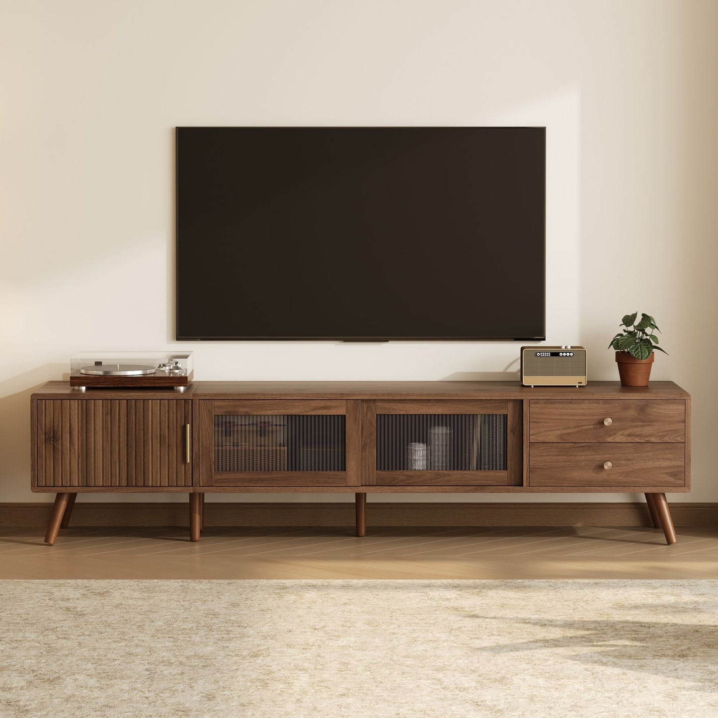 Doors TV Stand For TVs Up To 85", Entertainment Center With Storage Cabinets, TV Media Console Table - Natural