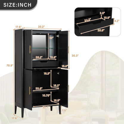 U_STYLE Modern Fluted Wine Cabinet with Glass Display & Stemware Rack
