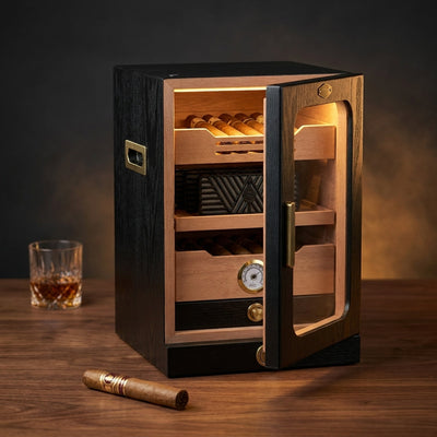 11 In. X 9.72 In. X 15.8 In. Black Desktop Cigar Humidor Cabinet Light Control System, with Spanish Cedar Wood Shelves