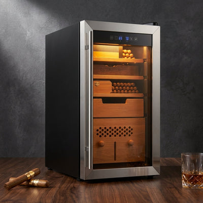 13.6 In. W X 27.2 In. H 43L Black Metal Cigar Humidor Temp and Humidity Control with Spanish Cedar Shelf (325 Capacity)