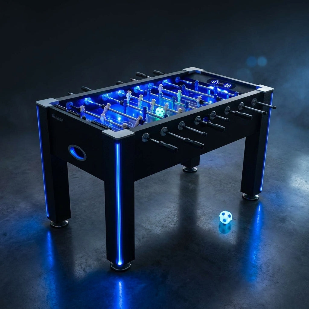 Azure LED Light up Foosball Table with Interactive Inrail LED Lighting and Cascading Effects Paired with in Game Music — Studio Shot