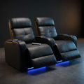 Valencia Verona Home Theater Seating | Premium Top Grain Italian 9000 Leather, Power Recliner, LED Lighting (Row of 2, Black)