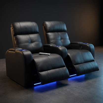 Valencia Verona Home Theater Seating | Premium Top Grain Italian 9000 Leather, Power Recliner, LED Lighting (Row of 2, Black) — Studio Shot